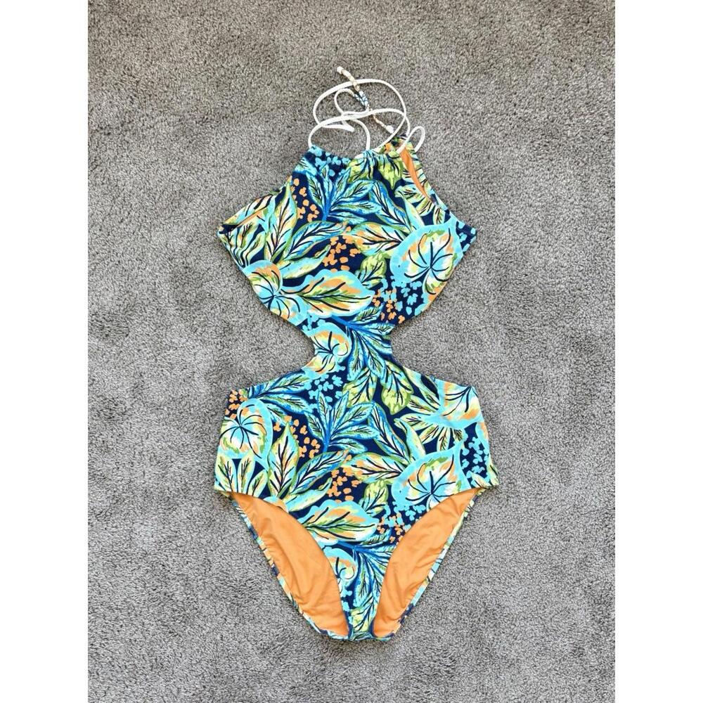NWT Aerie Women’s Sz XL Tropical Terry Halter One Piece Cut Out Floral Hawaiian